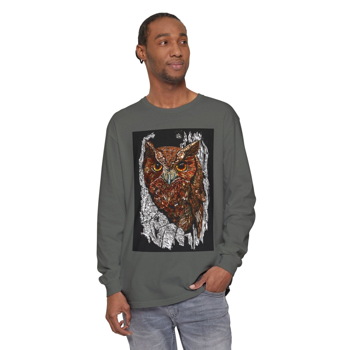 Artistic Owl Long Sleeve T-Shirt - Unisex Garment - Dyed Tee for Nature Lovers - Curran Artworks