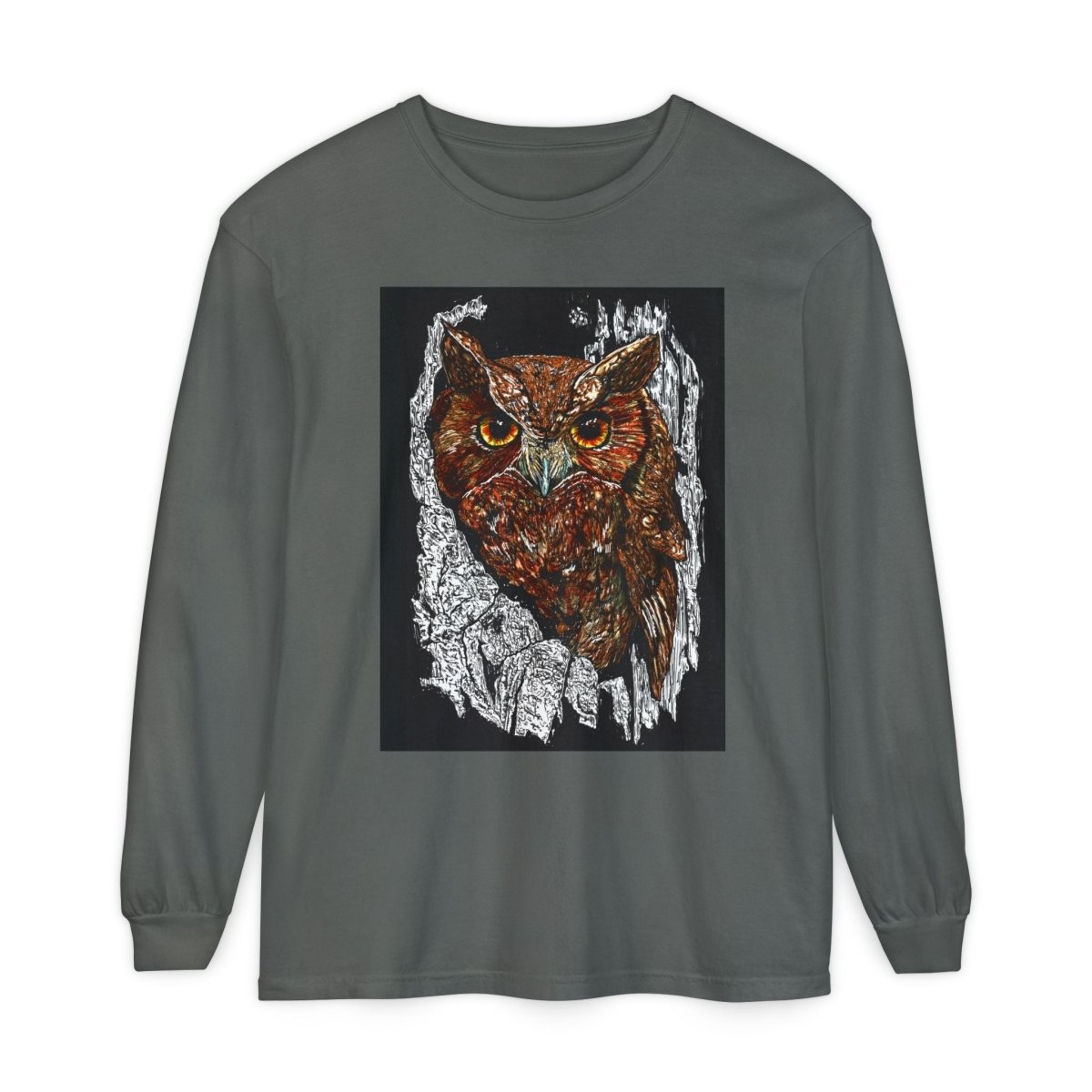 Artistic Owl Long Sleeve T-Shirt - Unisex Garment - Dyed Tee for Nature Lovers - Curran Artworks