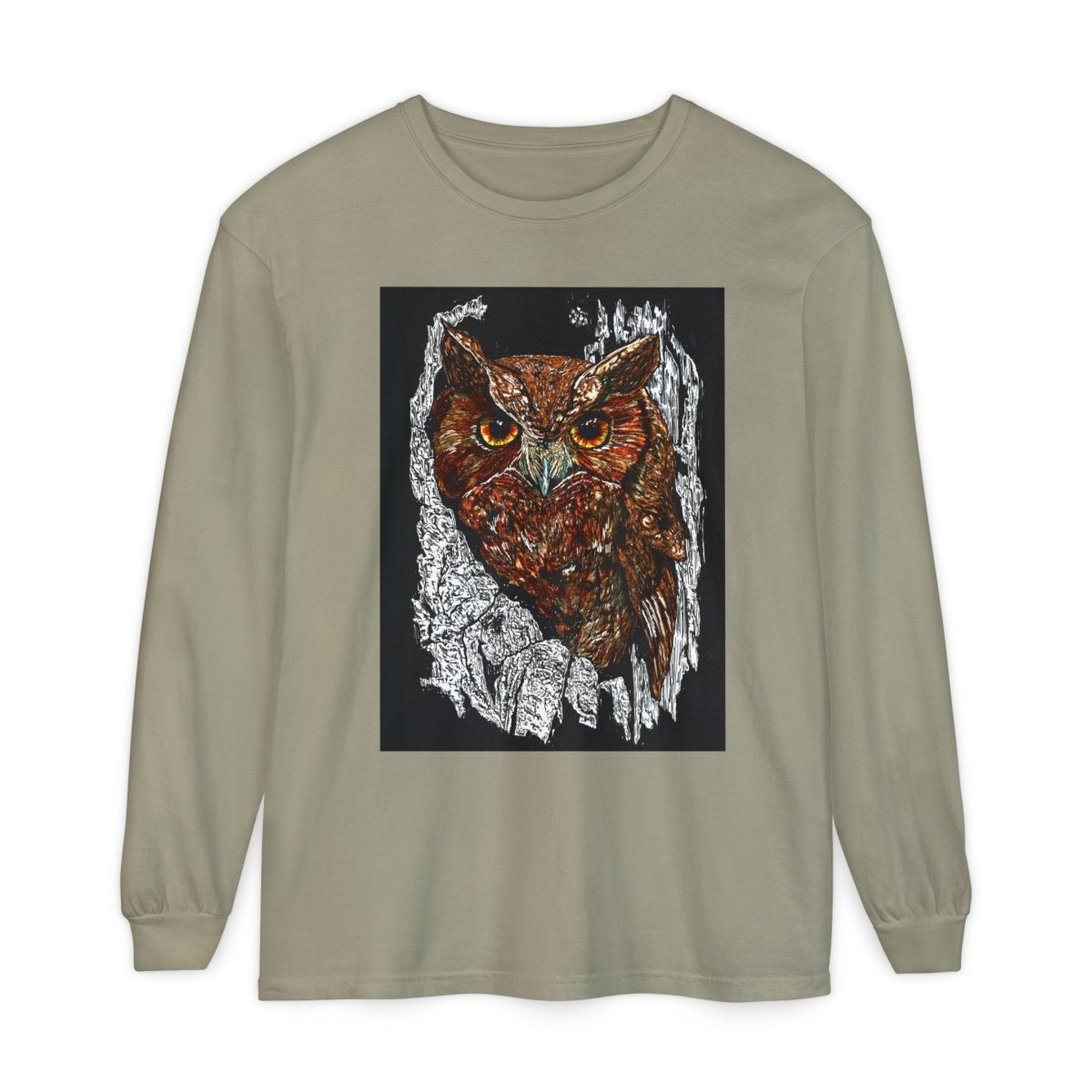 Artistic Owl Long Sleeve T-Shirt - Unisex Garment - Dyed Tee for Nature Lovers - Curran Artworks