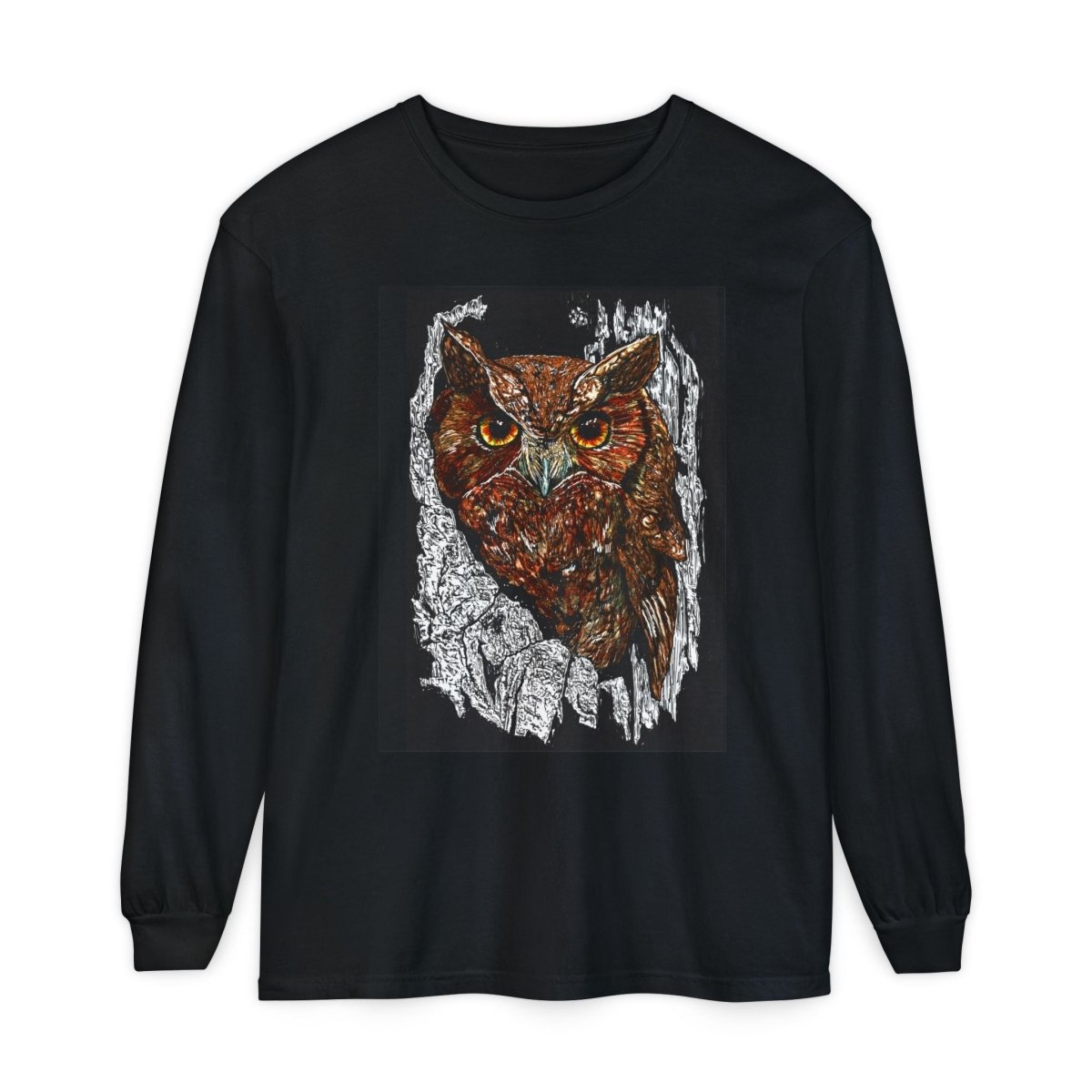 Artistic Owl Long Sleeve T-Shirt - Unisex Garment - Dyed Tee for Nature Lovers - Curran Artworks