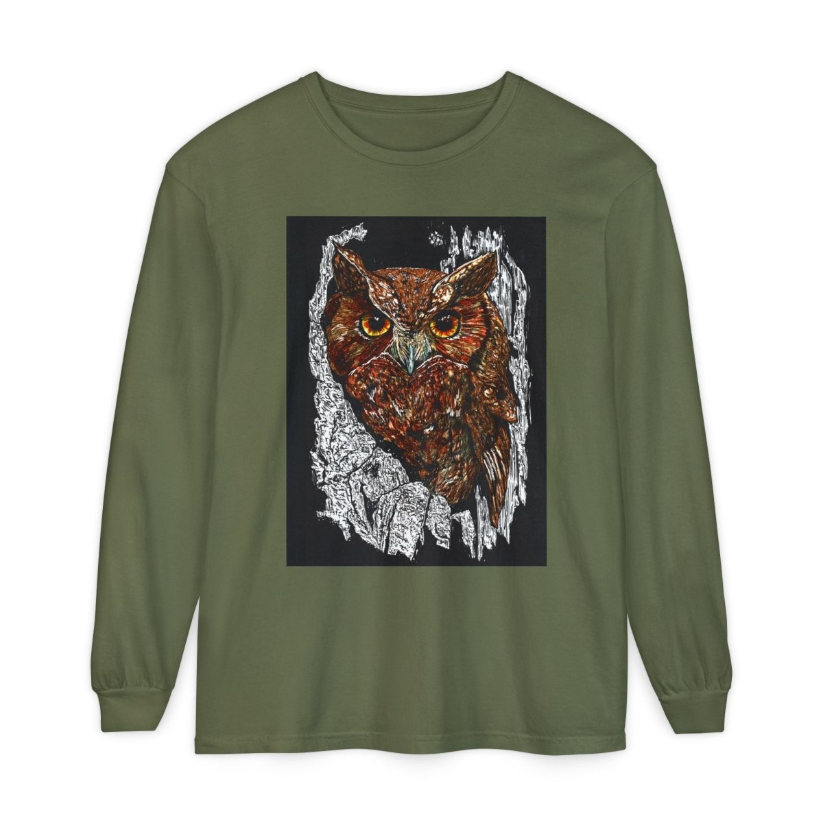 Artistic Owl Long Sleeve T-Shirt - Unisex Garment - Dyed Tee for Nature Lovers - Curran Artworks