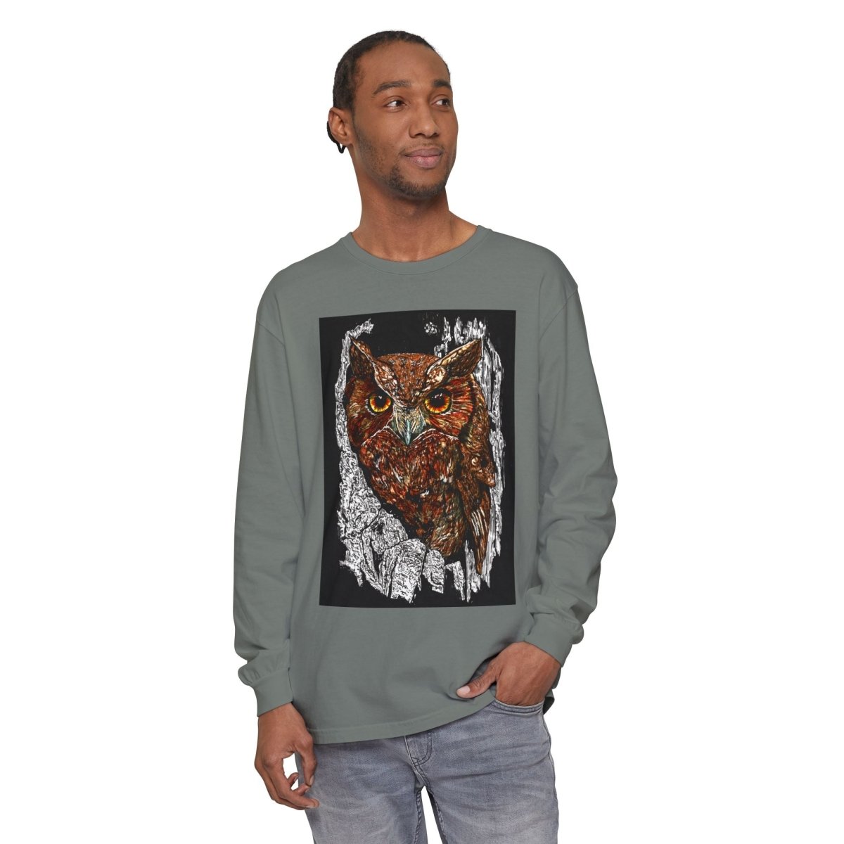 Artistic Owl Long Sleeve T-Shirt - Unisex Garment - Dyed Tee for Nature Lovers - Curran Artworks