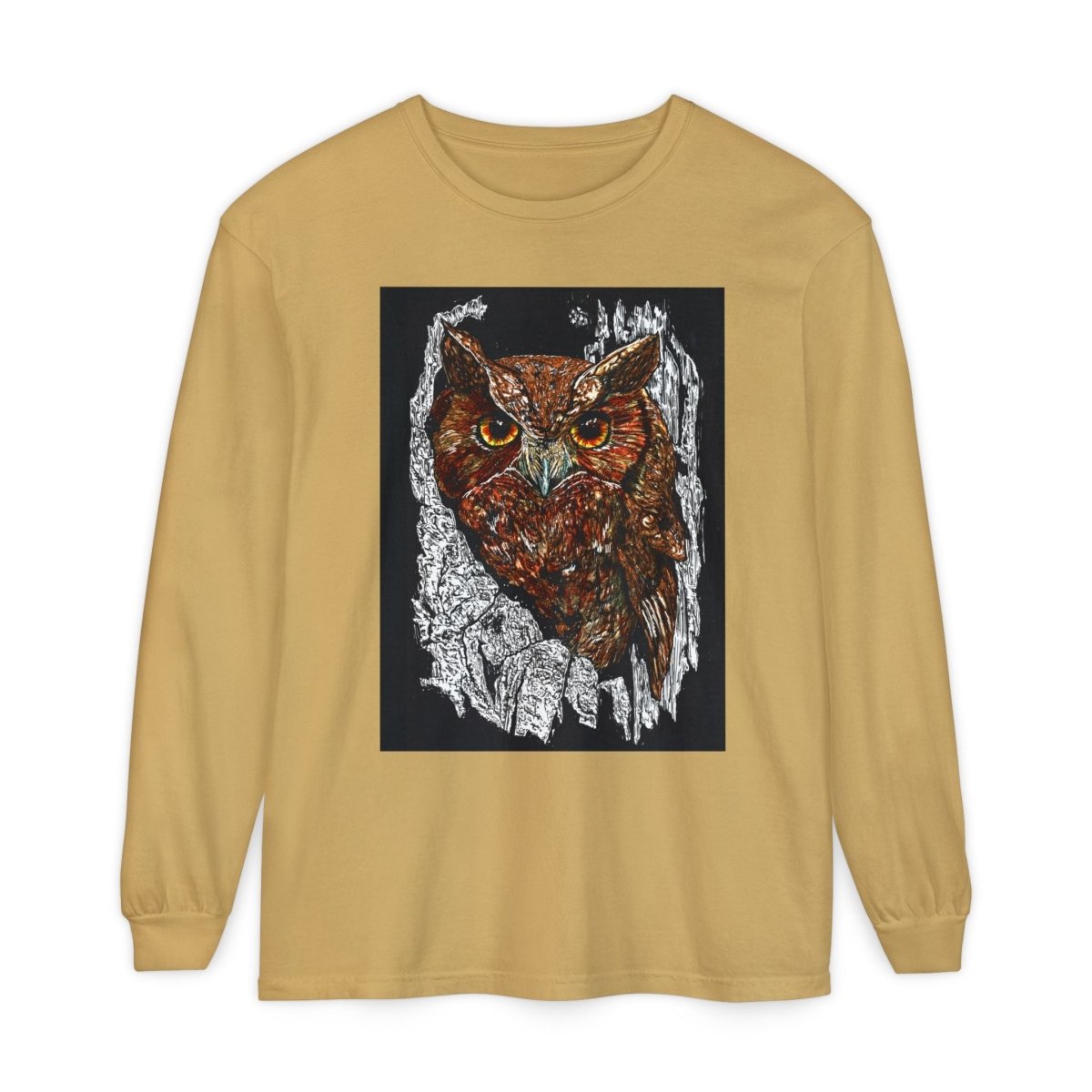 Artistic Owl Long Sleeve T-Shirt - Unisex Garment - Dyed Tee for Nature Lovers - Curran Artworks