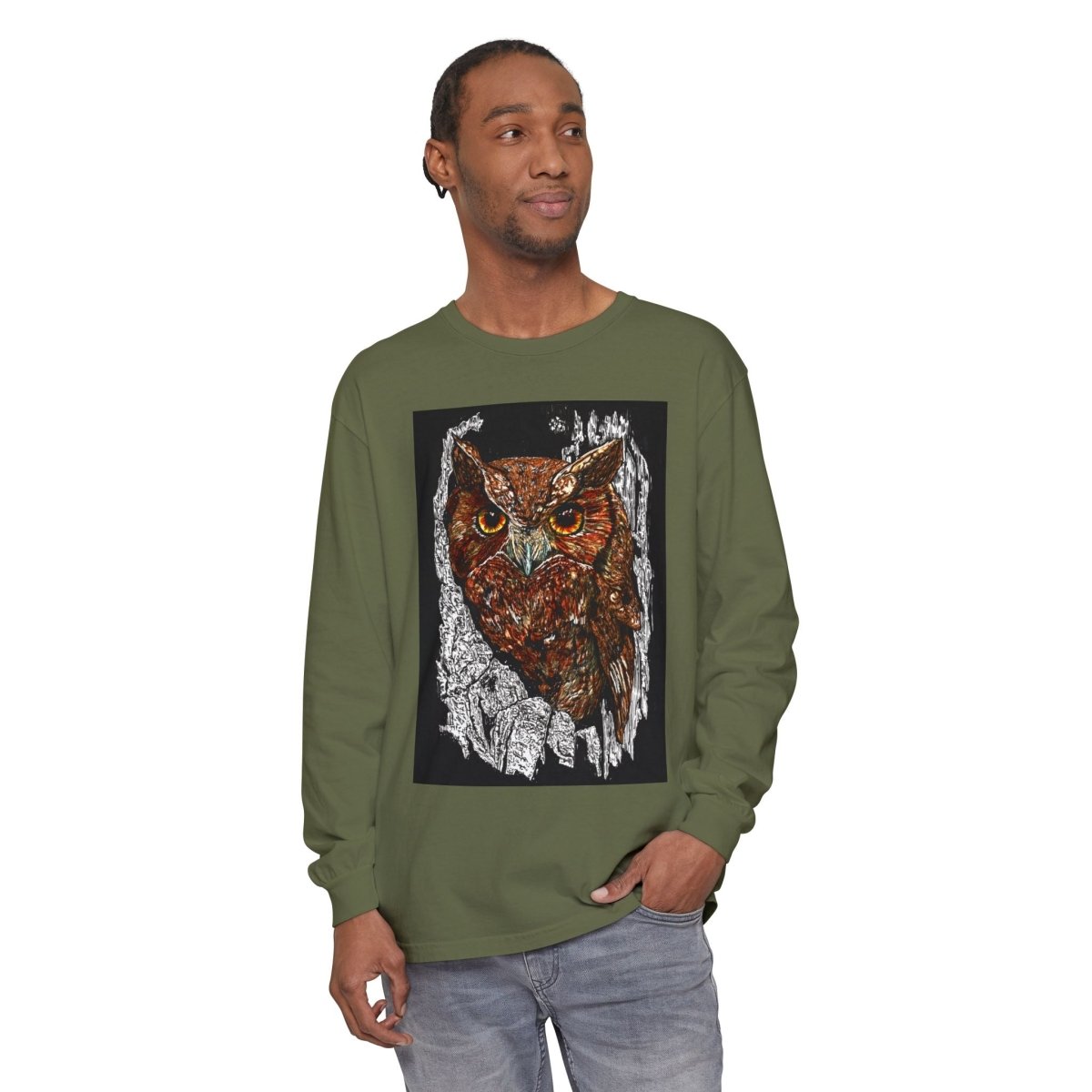Artistic Owl Long Sleeve T-Shirt - Unisex Garment - Dyed Tee for Nature Lovers - Curran Artworks