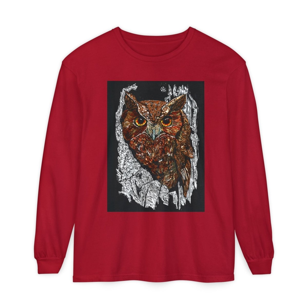 Artistic Owl Long Sleeve T-Shirt - Unisex Garment - Dyed Tee for Nature Lovers - Curran Artworks