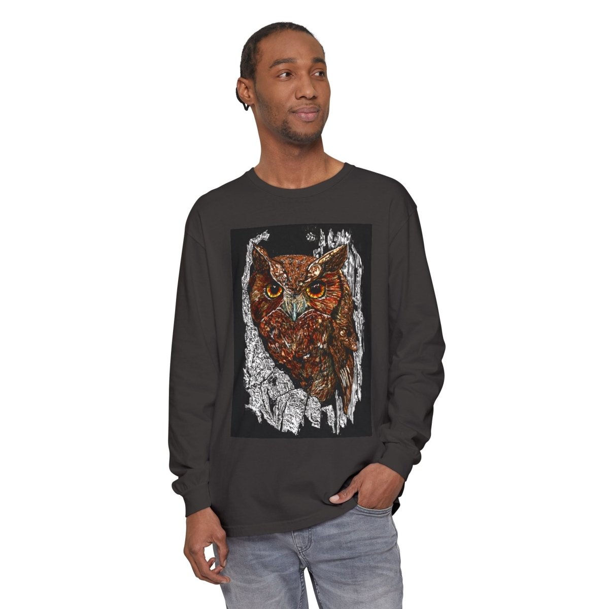 Artistic Owl Long Sleeve T-Shirt - Unisex Garment - Dyed Tee for Nature Lovers - Curran Artworks