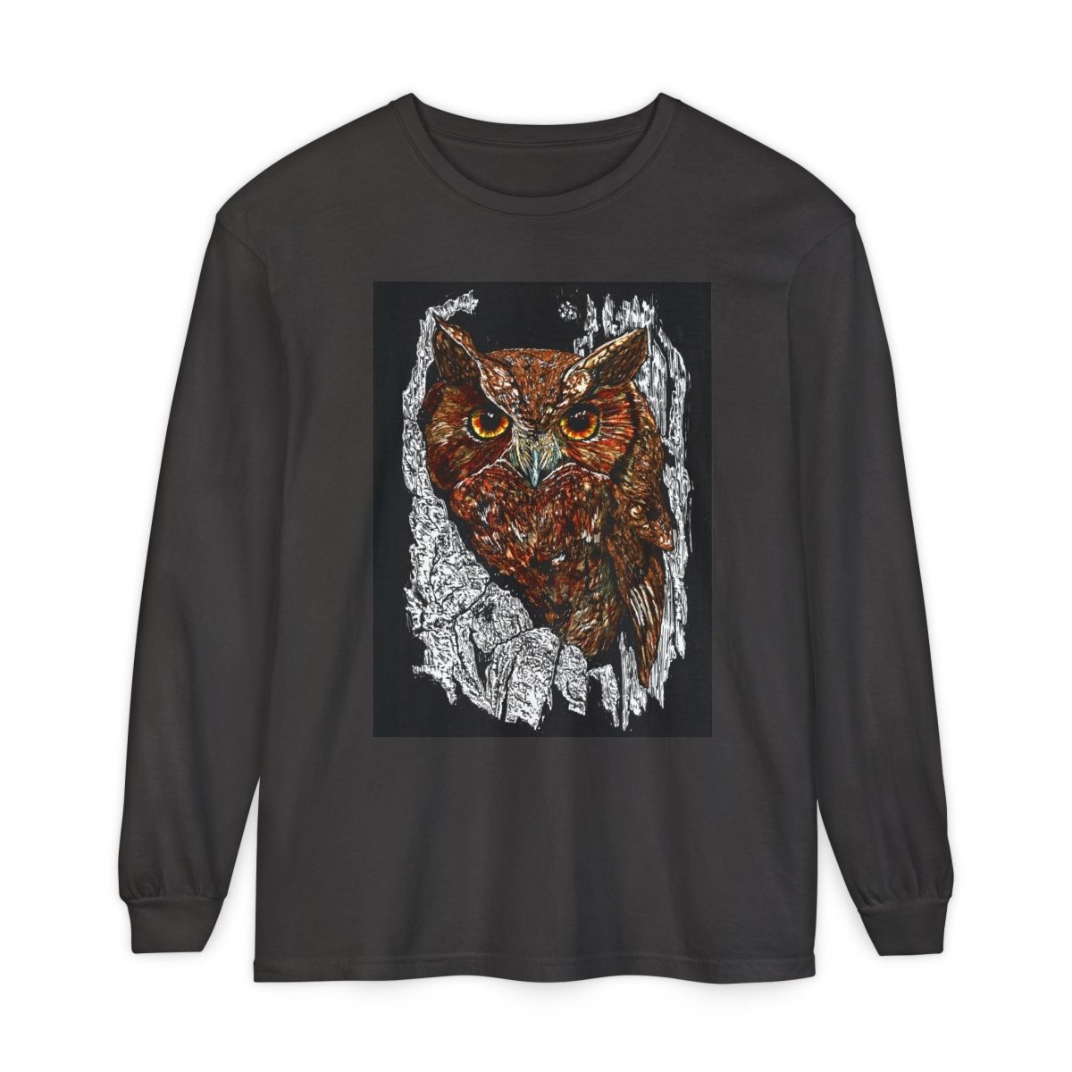 Artistic Owl Long Sleeve T-Shirt - Unisex Garment - Dyed Tee for Nature Lovers - Curran Artworks