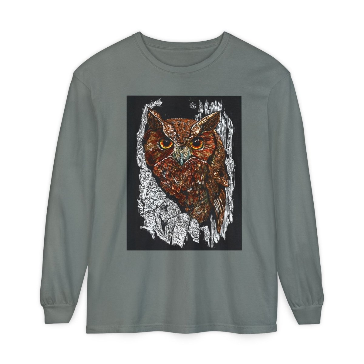 Artistic Owl Long Sleeve T-Shirt - Unisex Garment - Dyed Tee for Nature Lovers - Curran Artworks