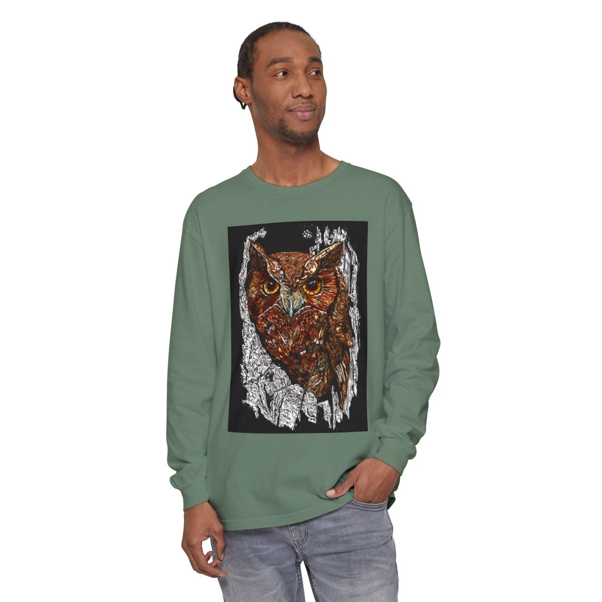 Artistic Owl Long Sleeve T-Shirt - Unisex Garment - Dyed Tee for Nature Lovers - Curran Artworks
