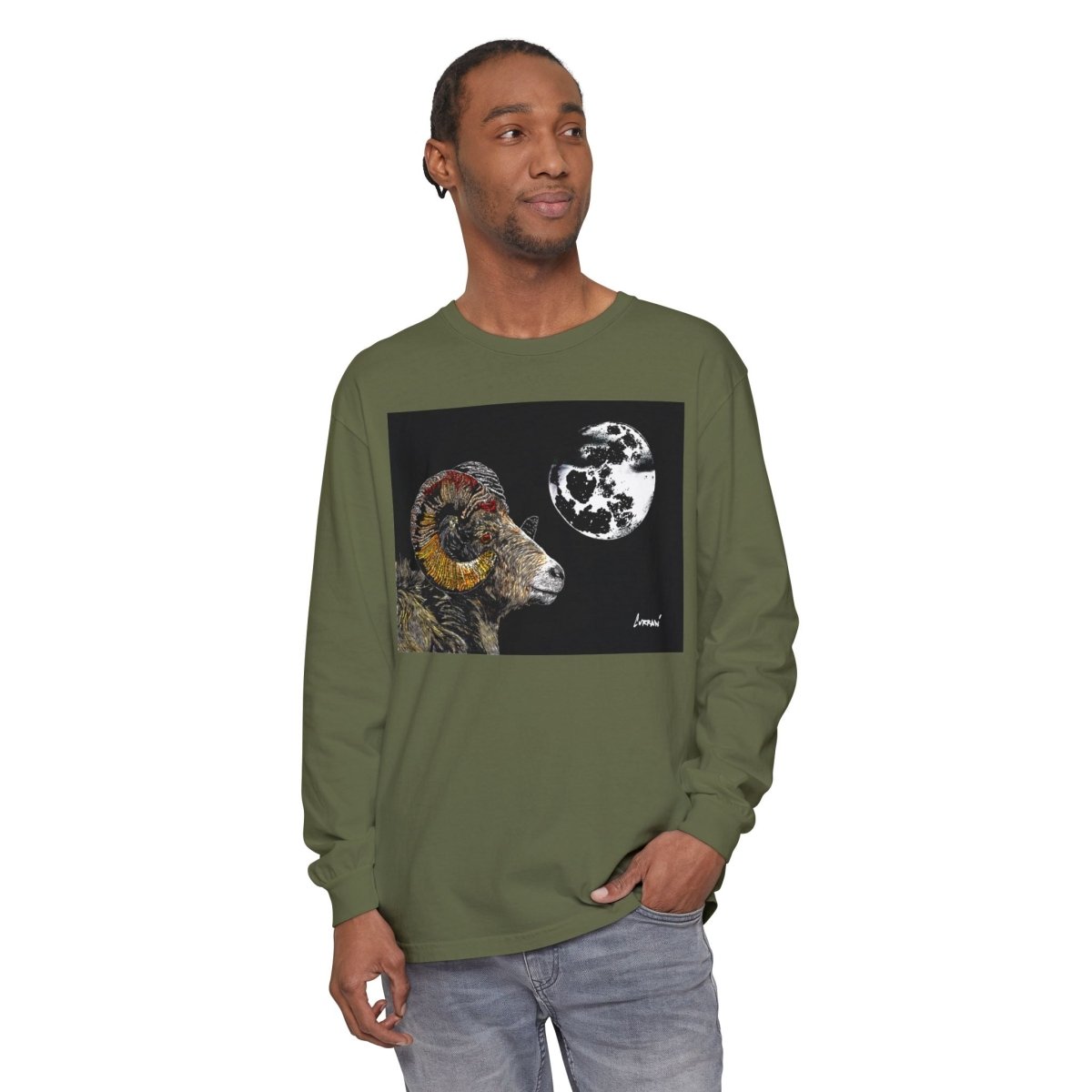 Artistic Ram Long Sleeve T-Shirt - Unique Garment - Dyed Style - Curran Artworks