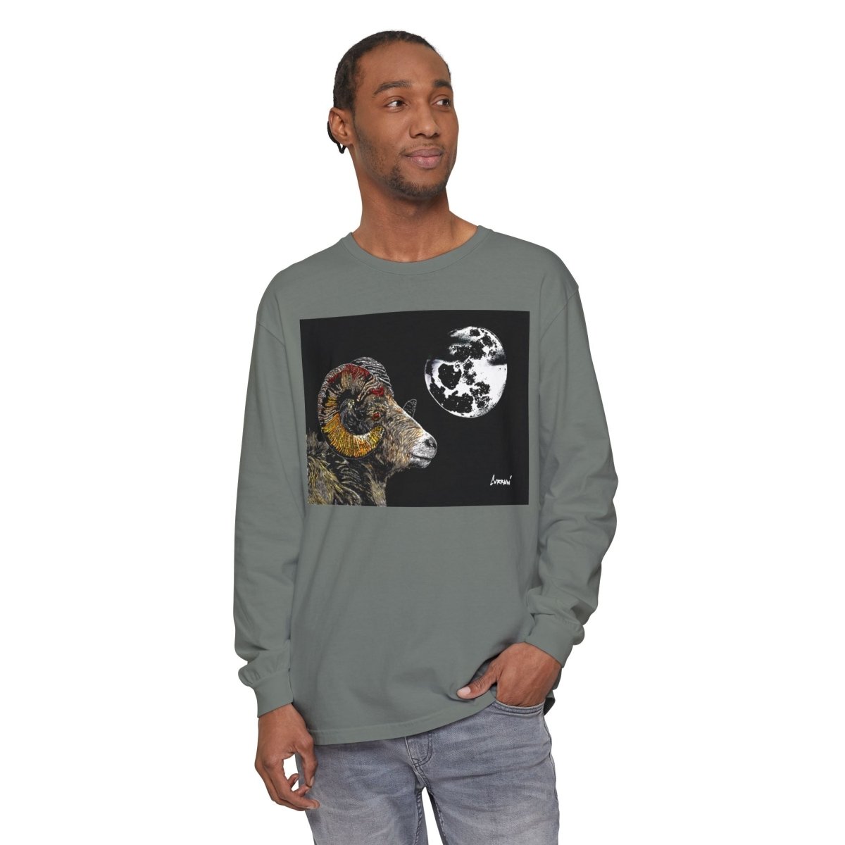 Artistic Ram Long Sleeve T-Shirt - Unique Garment - Dyed Style - Curran Artworks