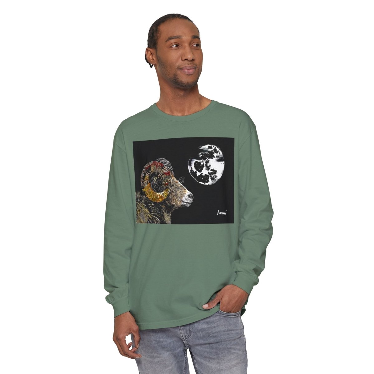 Artistic Ram Long Sleeve T-Shirt - Unique Garment - Dyed Style - Curran Artworks