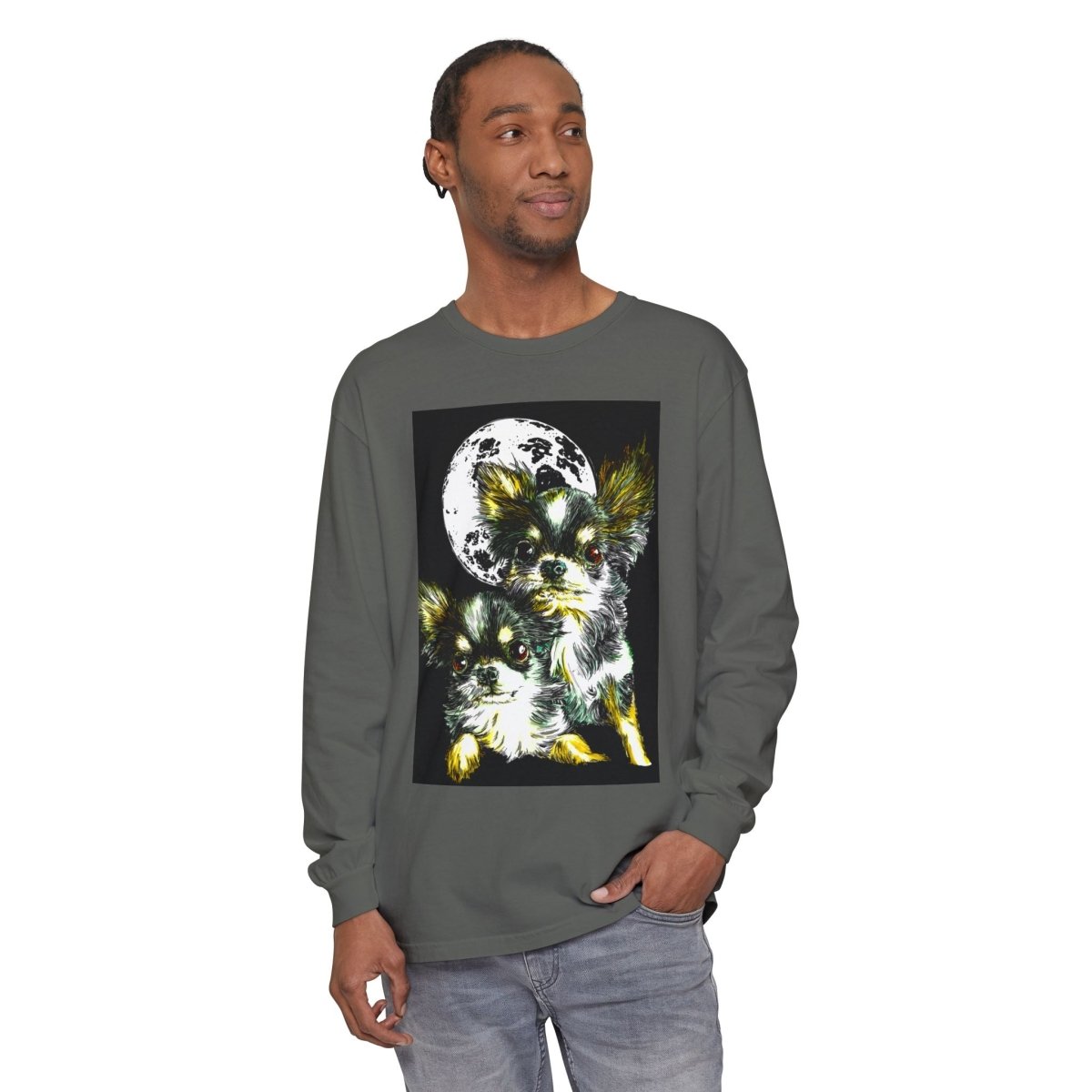 Chihuahua Moonlight Long Sleeve T-Shirt - Unisex Garment - Dyed Tee - Curran Artworks