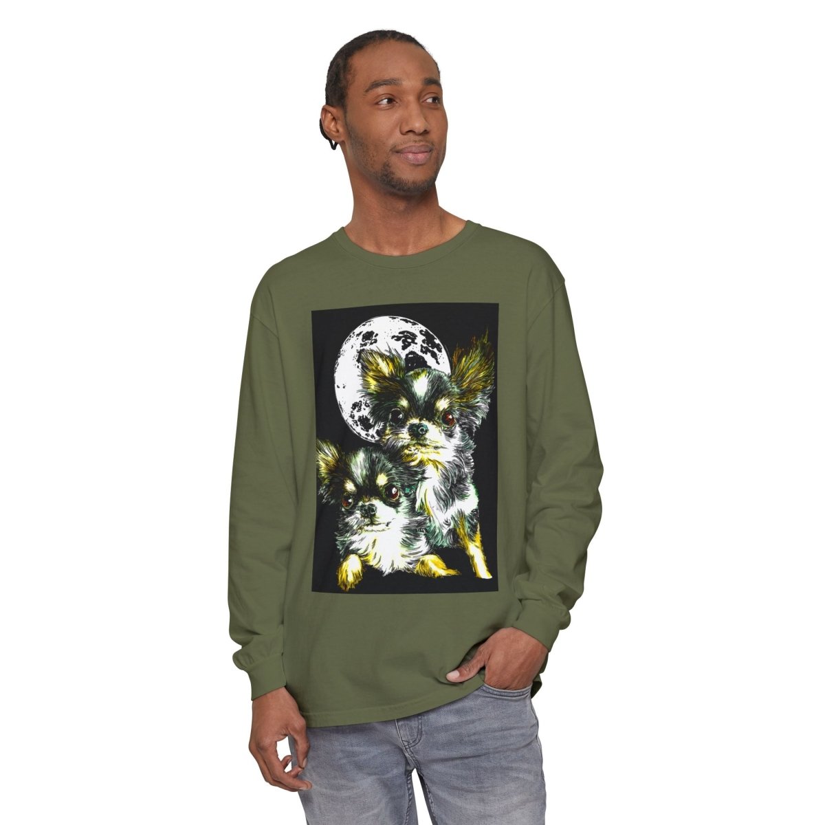 Chihuahua Moonlight Long Sleeve T-Shirt - Unisex Garment - Dyed Tee - Curran Artworks