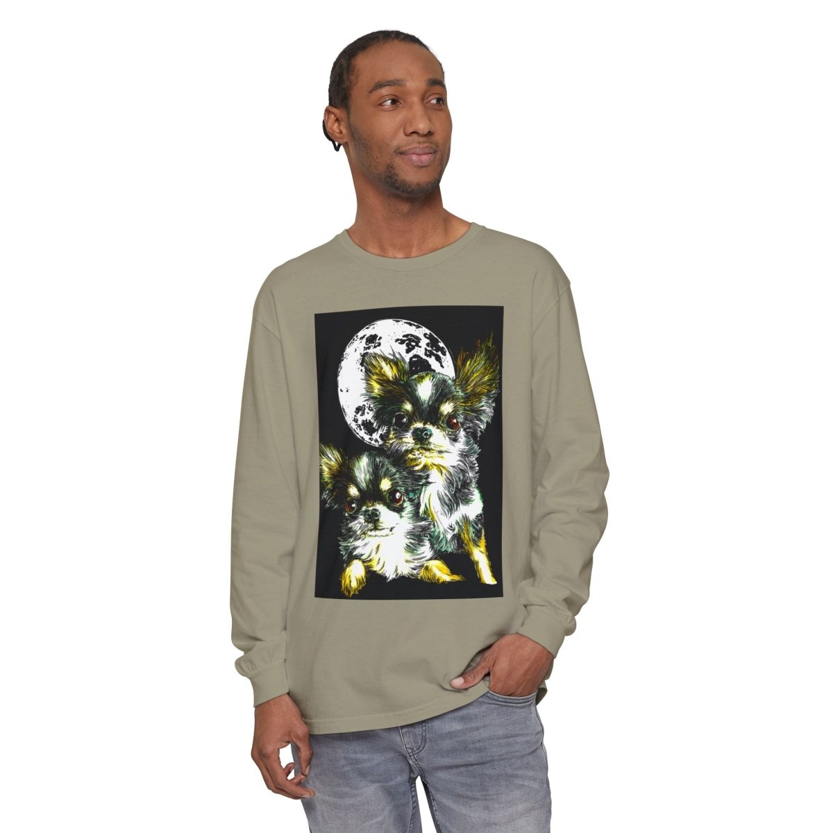 Chihuahua Moonlight Long Sleeve T-Shirt - Unisex Garment - Dyed Tee - Curran Artworks