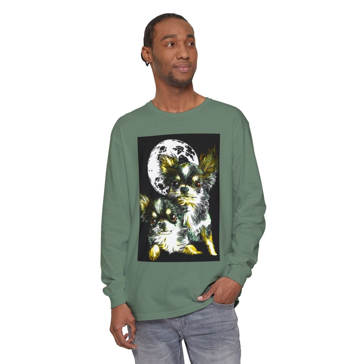 Chihuahua Moonlight Long Sleeve T-Shirt - Unisex Garment - Dyed Tee - Curran Artworks