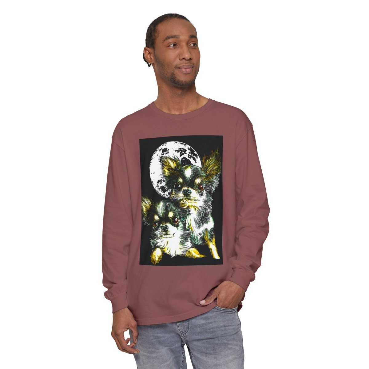 Chihuahua Moonlight Long Sleeve T-Shirt - Unisex Garment - Dyed Tee - Curran Artworks