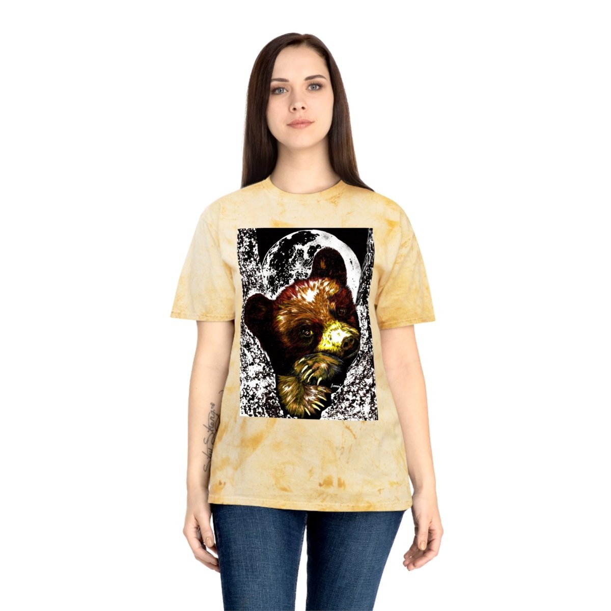 Colorful Brown Bear Cub Moon Unisex T-Shirt - Artistic Wildlife Design - Curran Artworks