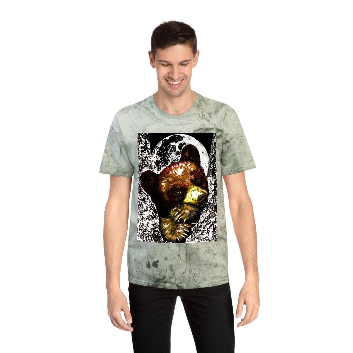 Colorful Brown Bear Cub Moon Unisex T-Shirt - Artistic Wildlife Design - Curran Artworks