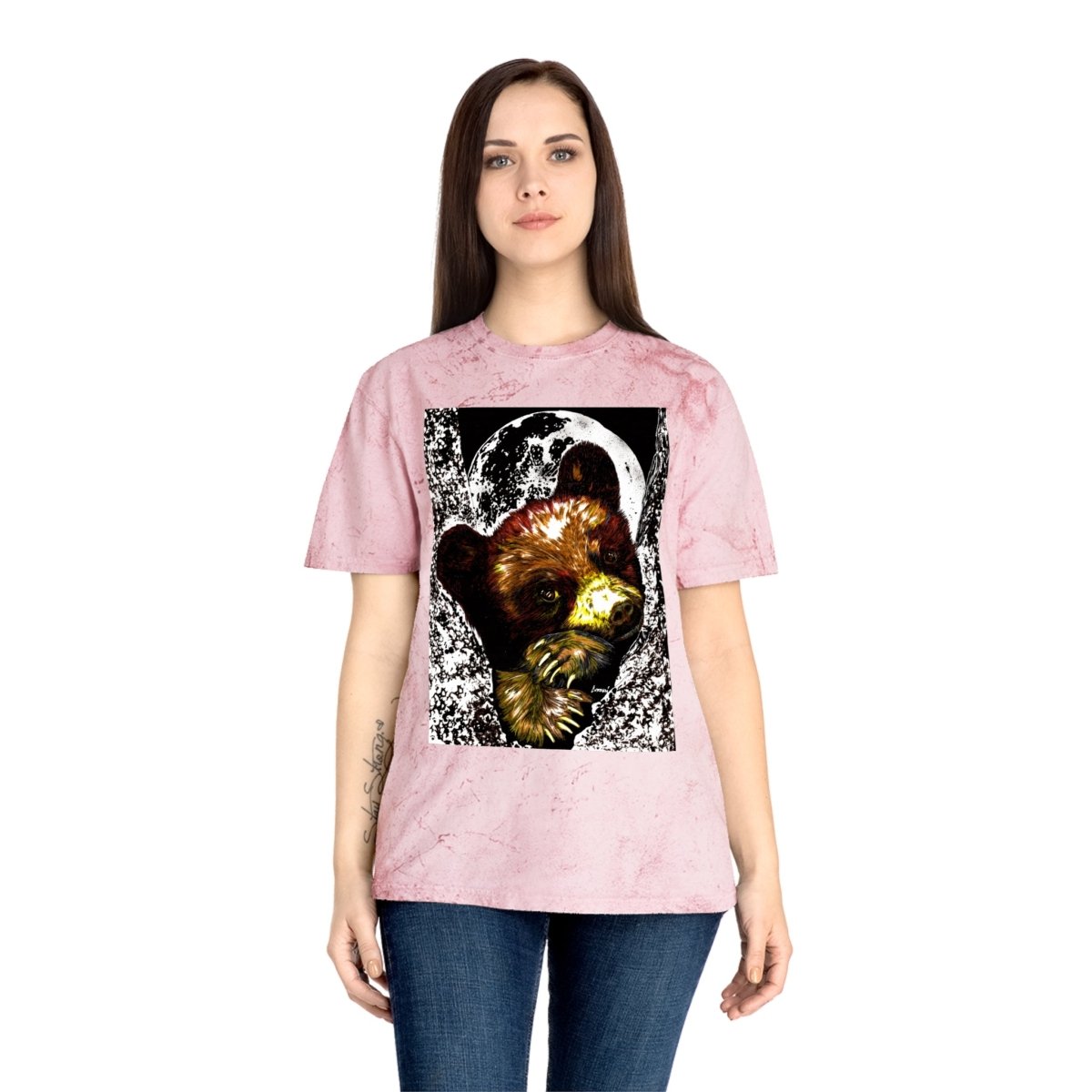 Colorful Brown Bear Cub Moon Unisex T-Shirt - Artistic Wildlife Design - Curran Artworks