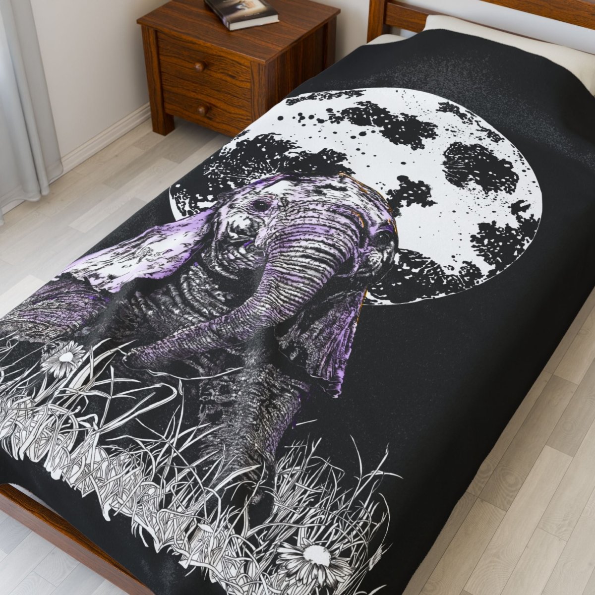 Cozy Elephant Moon Velveteen Plush Blanket - Perfect for Home Decor & Gifts - Curran Artworks