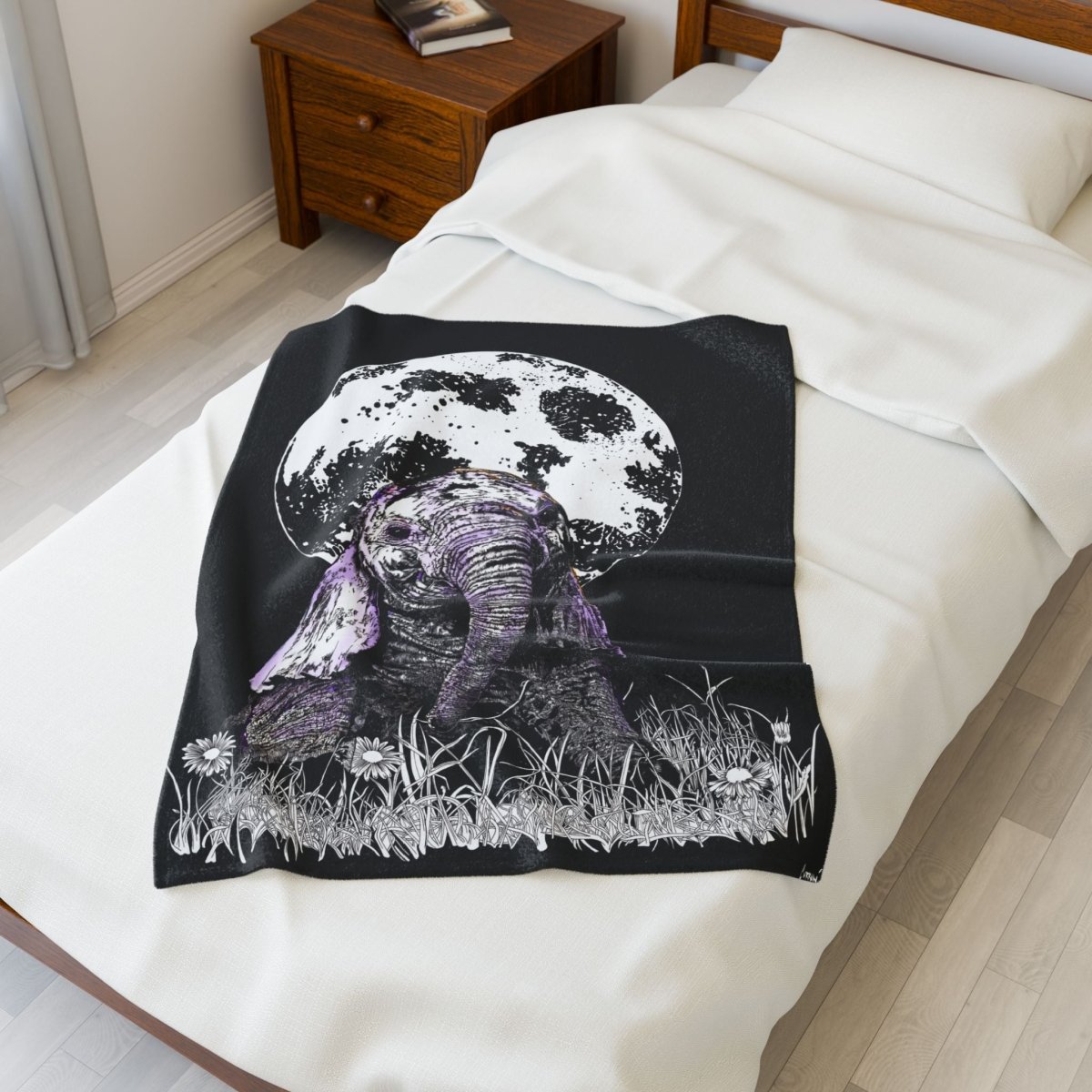 Cozy Elephant Moon Velveteen Plush Blanket - Perfect for Home Decor & Gifts - Curran Artworks