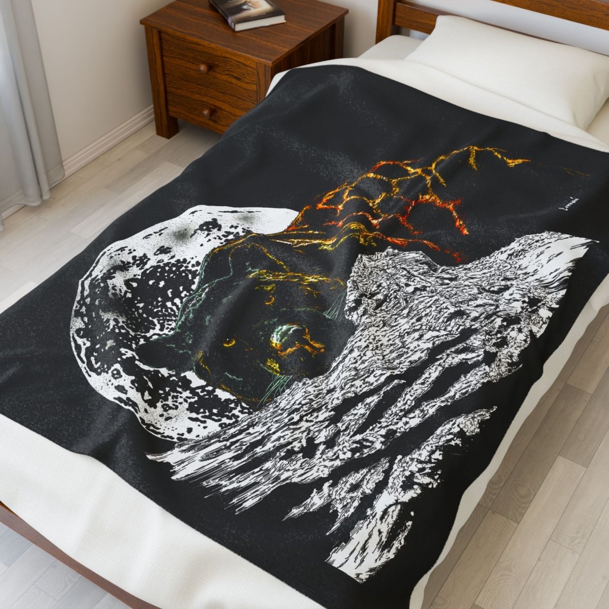 Cozy Velveteen Plush Blanket with Moonlit Panther Design - Curran Artworks