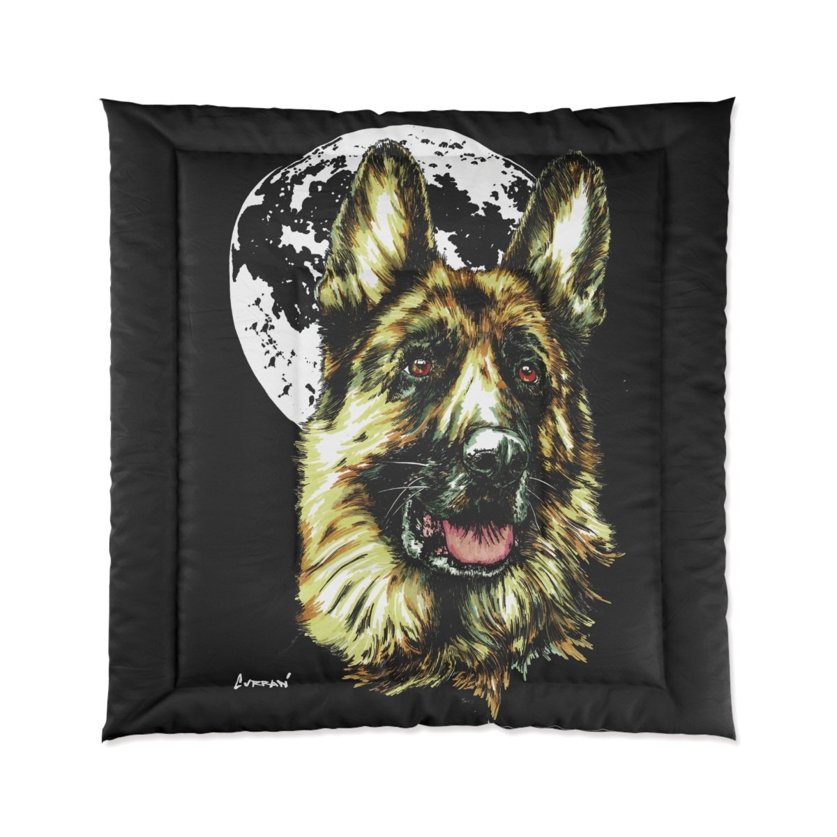 German Sheppard at Moon Comforter - German Shepherd Art Bedding - Curran Artworks