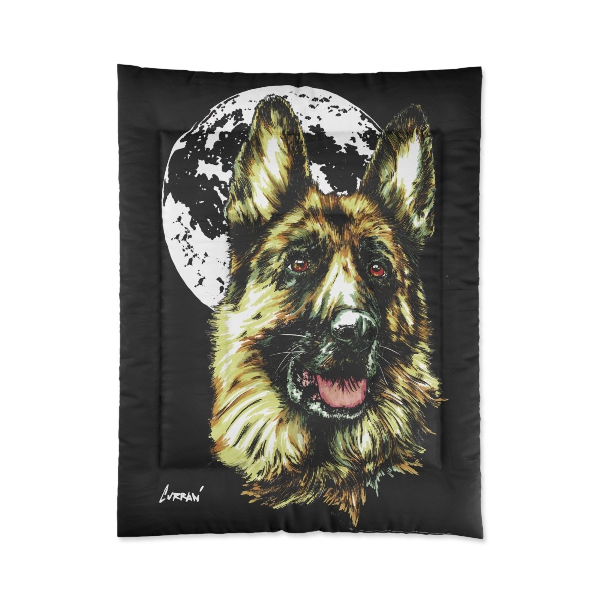 German Sheppard at Moon Comforter - German Shepherd Art Bedding - Curran Artworks