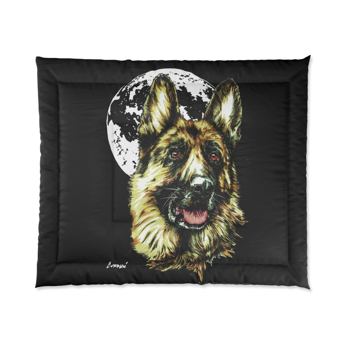 German Sheppard at Moon Comforter - German Shepherd Art Bedding - Curran Artworks