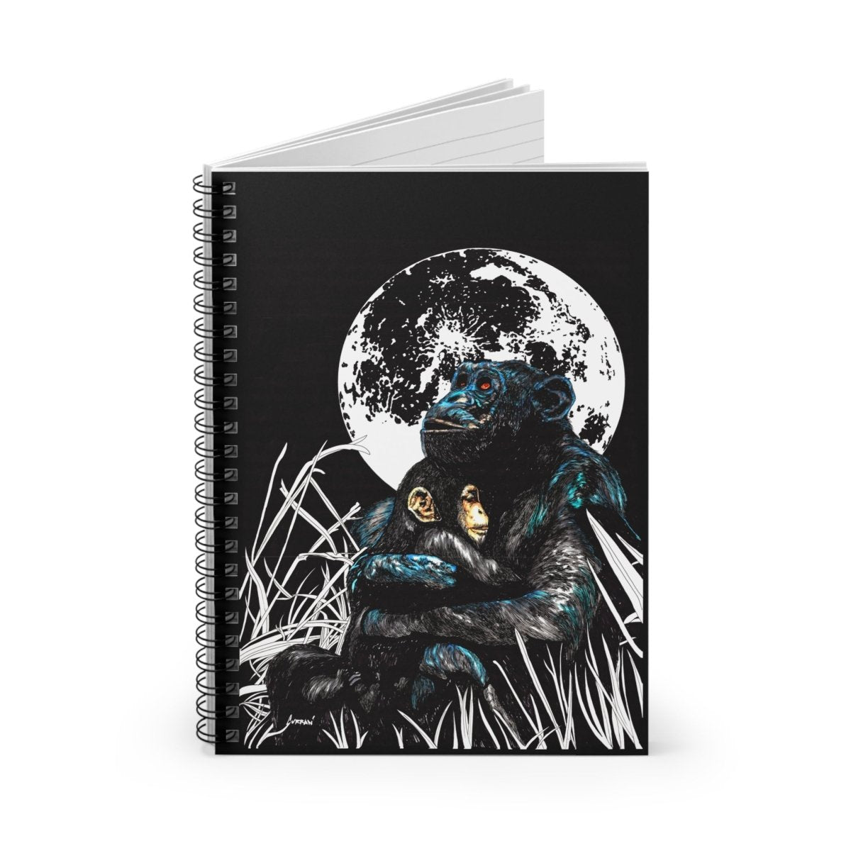 Gorilla and Child Moonlit Love Spiral Notebook - Ruled Line for Animal Lovers - Curran Artworks