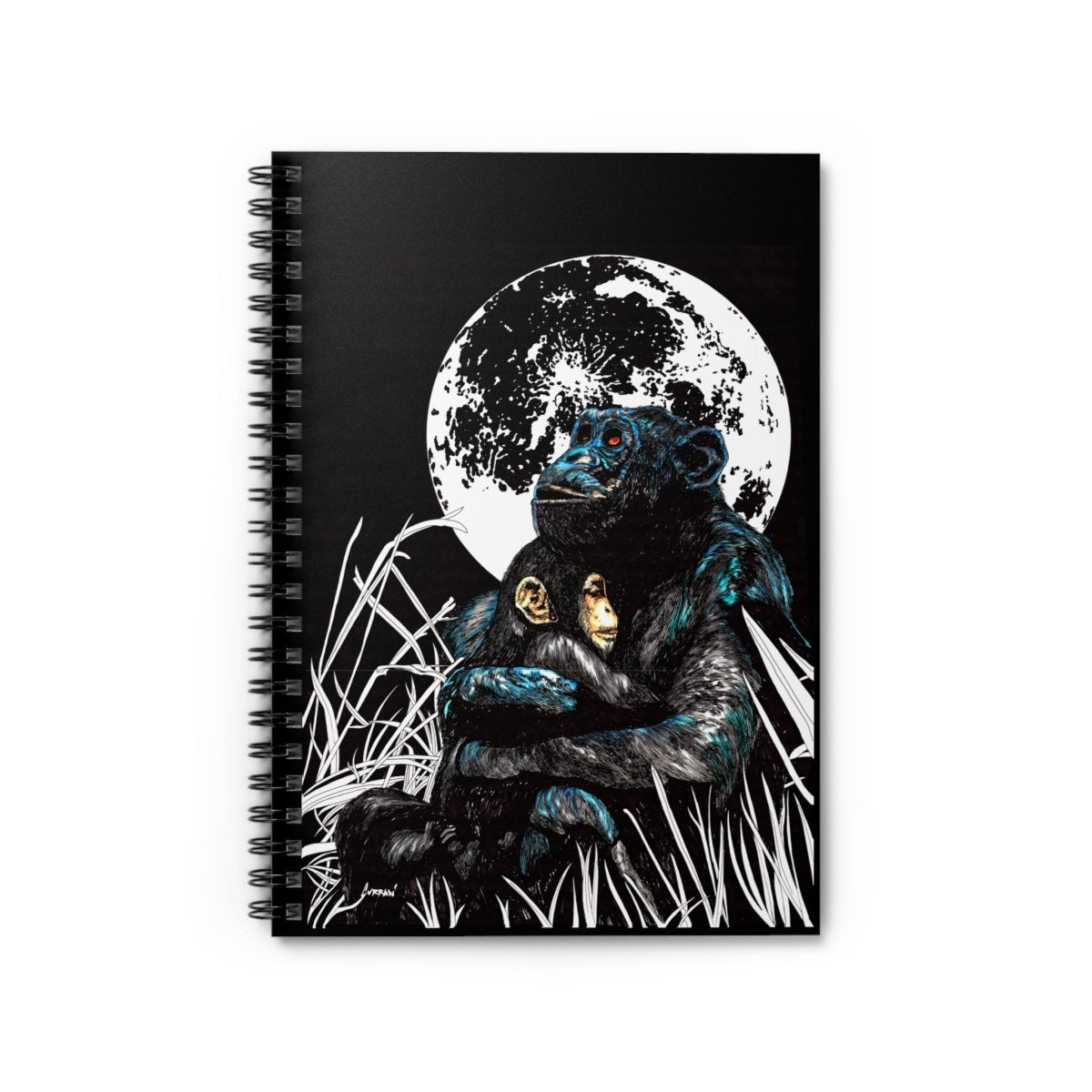 Gorilla and Child Moonlit Love Spiral Notebook - Ruled Line for Animal Lovers - Curran Artworks