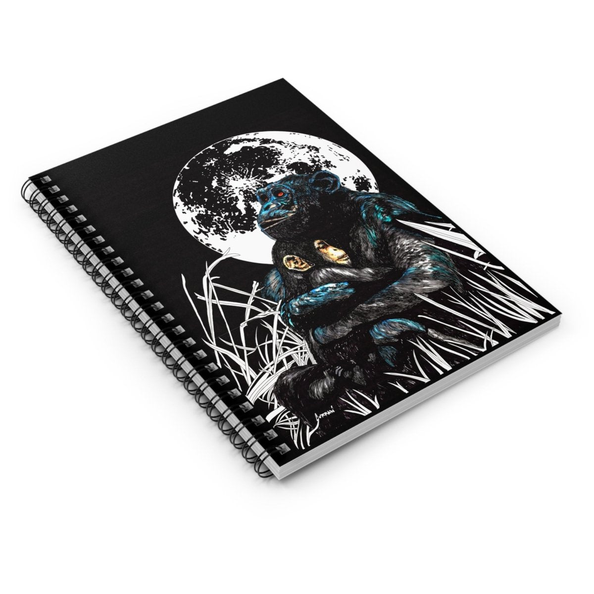 Gorilla and Child Moonlit Love Spiral Notebook - Ruled Line for Animal Lovers - Curran Artworks