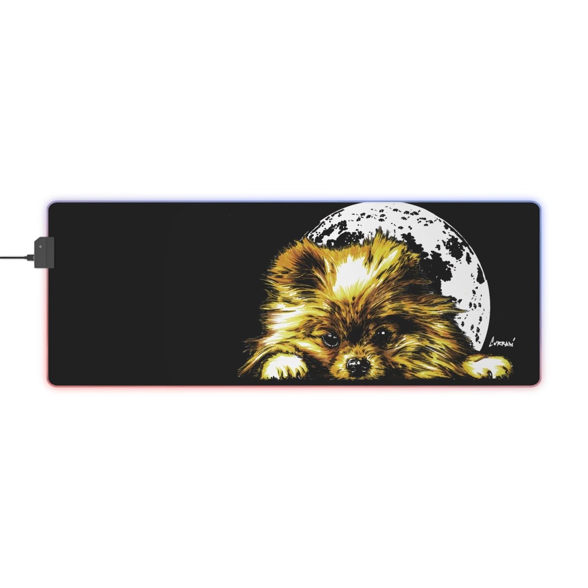 LED Gaming Mouse Pad - Moonlit Pomeranian Pup RGB Desk Accessory for Gamers - Curran Artworks