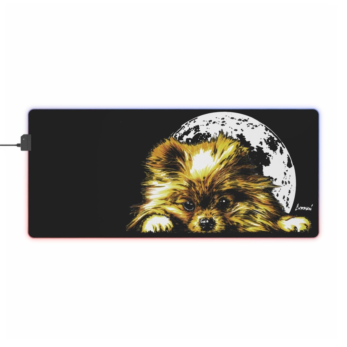 LED Gaming Mouse Pad - Moonlit Pomeranian Pup RGB Desk Accessory for Gamers - Curran Artworks