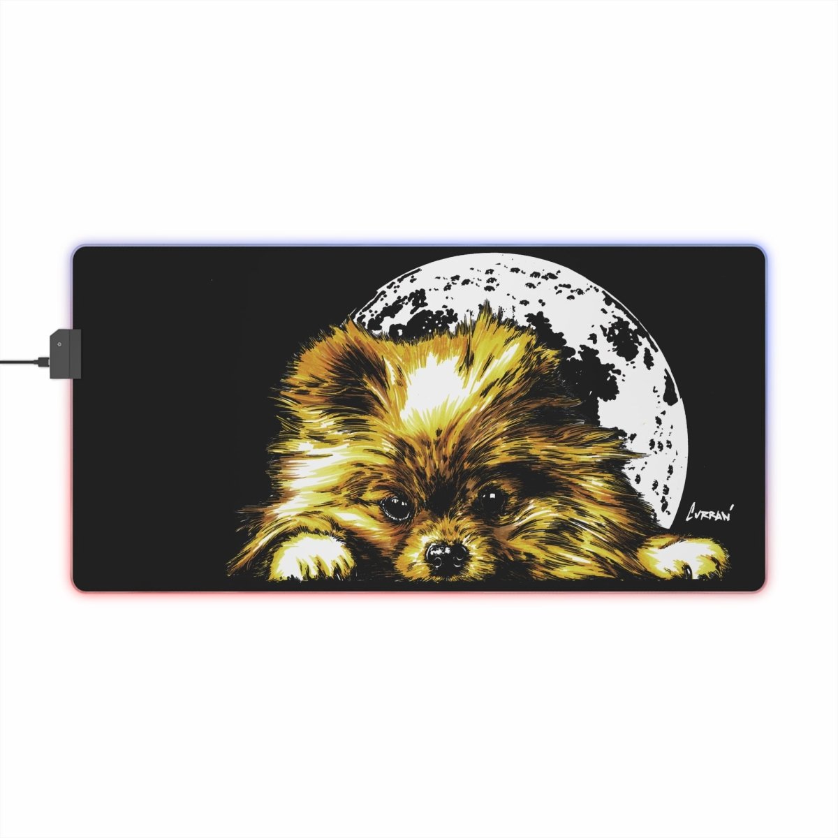LED Gaming Mouse Pad - Moonlit Pomeranian Pup RGB Desk Accessory for Gamers - Curran Artworks