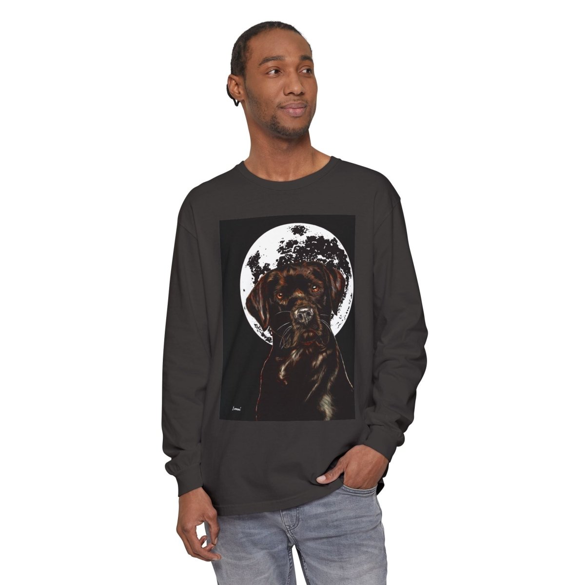 Moonlit Chocolate Lab Dog Long Sleeve T-Shirt - Perfect for Dog Lovers - Curran Artworks