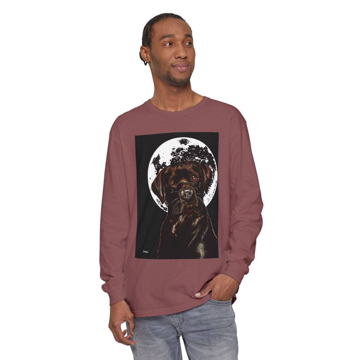 Moonlit Chocolate Lab Dog Long Sleeve T-Shirt - Perfect for Dog Lovers - Curran Artworks