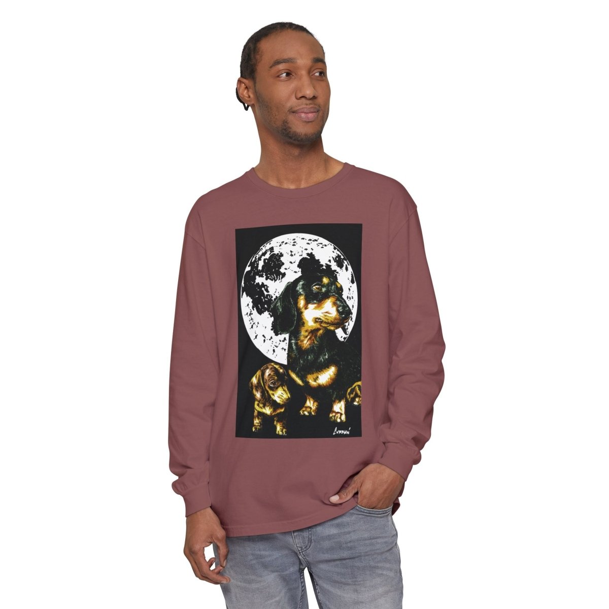 Moonlit Dachshund Long Sleeve Tee - Unisex Dog Lover Shirt - Curran Artworks