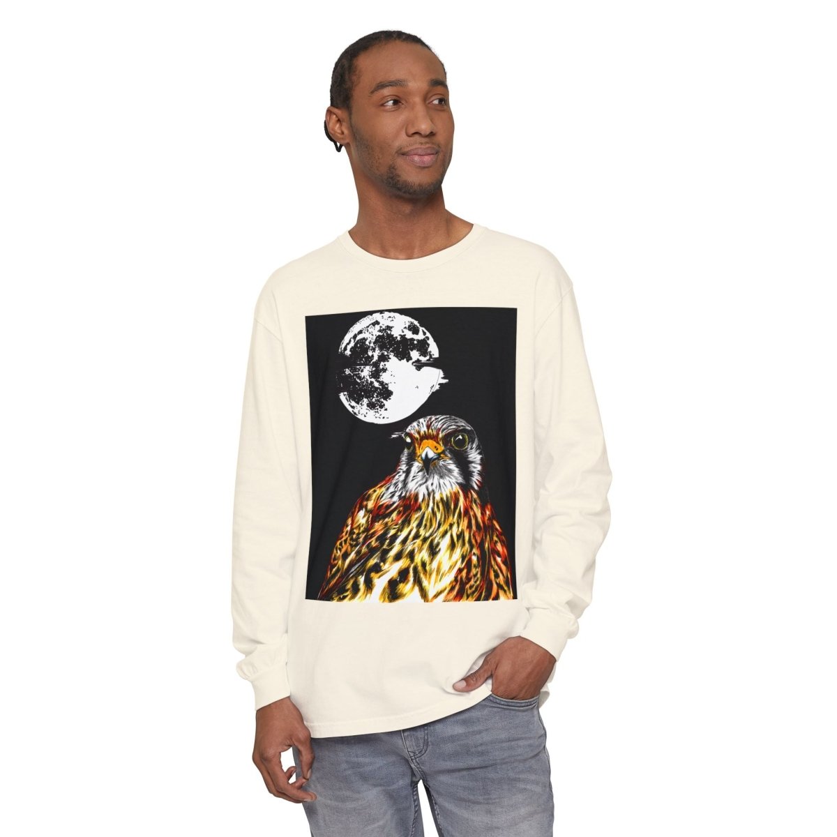 Moonlit Falcon Unisex Long Sleeve T-Shirt - Wildlife Art Wear - Curran Artworks