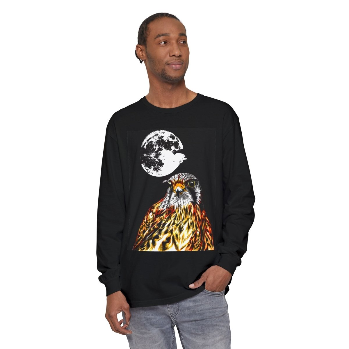 Moonlit Falcon Unisex Long Sleeve T-Shirt - Wildlife Art Wear - Curran Artworks