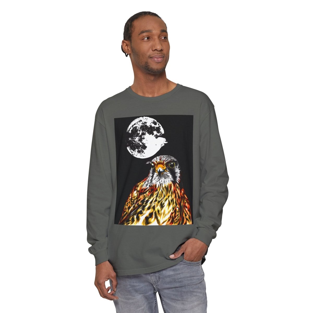 Moonlit Falcon Unisex Long Sleeve T-Shirt - Wildlife Art Wear - Curran Artworks