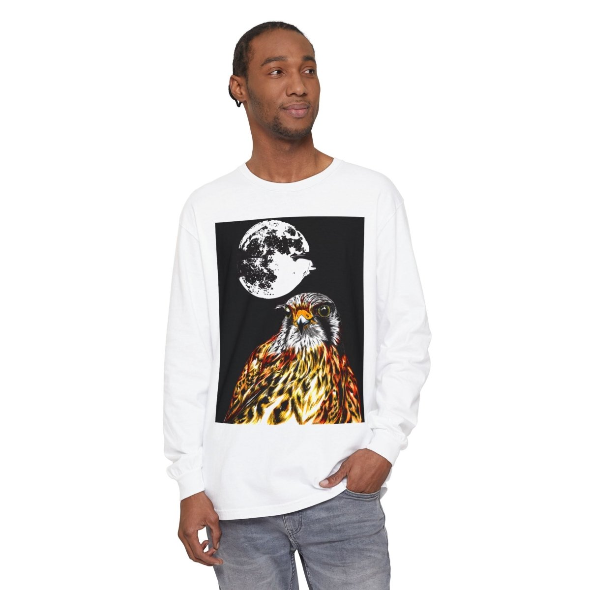 Moonlit Falcon Unisex Long Sleeve T-Shirt - Wildlife Art Wear - Curran Artworks