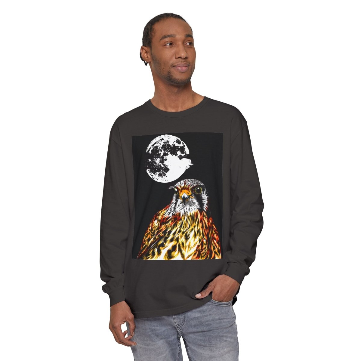 Moonlit Falcon Unisex Long Sleeve T-Shirt - Wildlife Art Wear - Curran Artworks