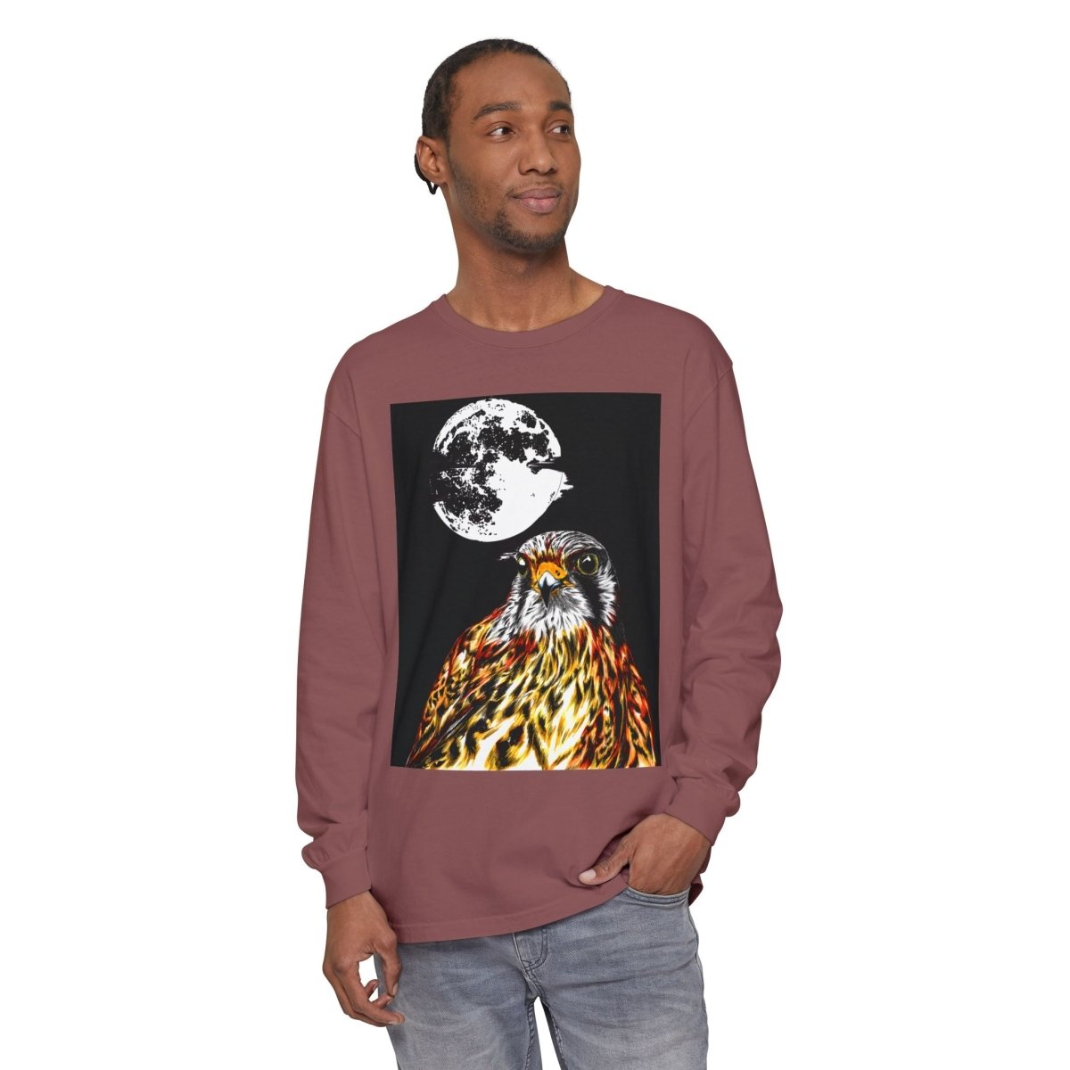 Moonlit Falcon Unisex Long Sleeve T-Shirt - Wildlife Art Wear - Curran Artworks