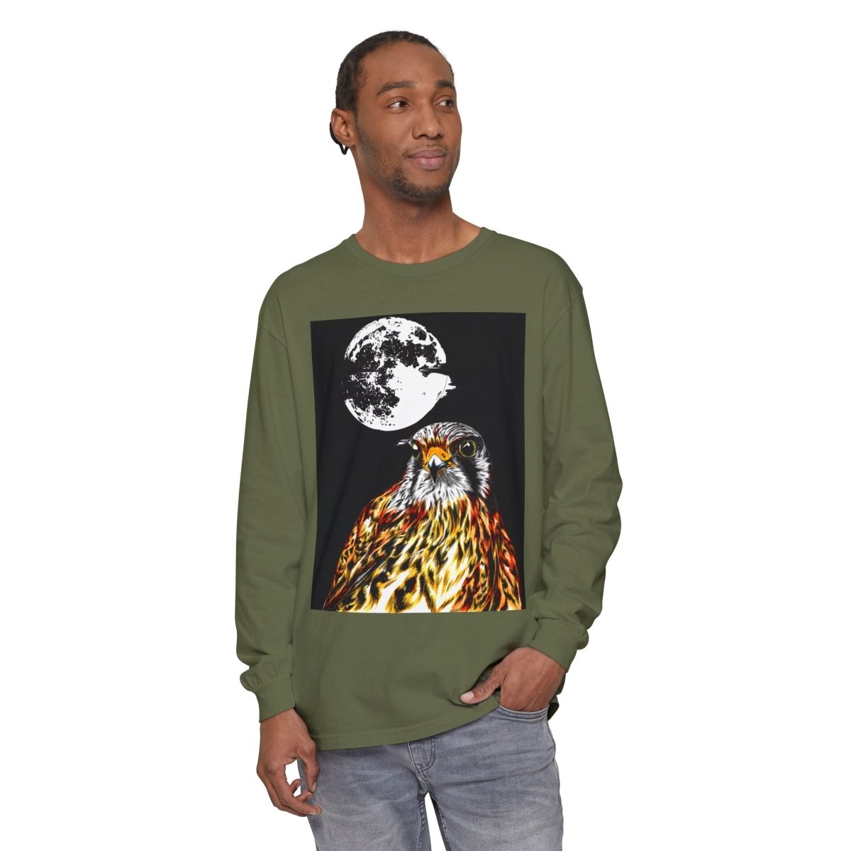 Moonlit Falcon Unisex Long Sleeve T-Shirt - Wildlife Art Wear - Curran Artworks