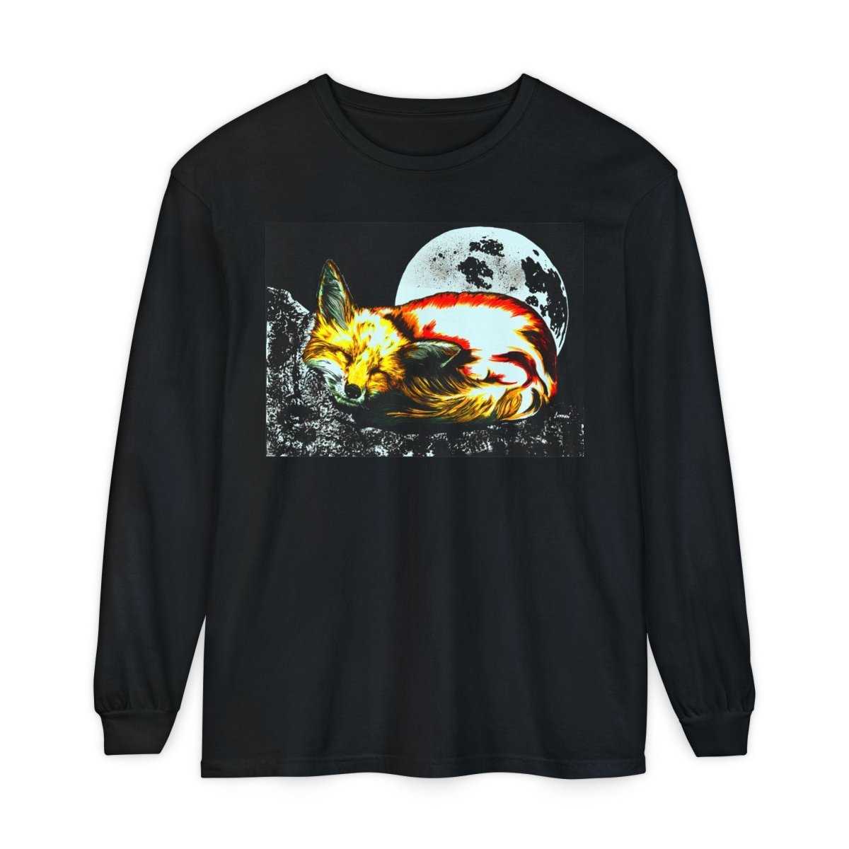 Moonlit Fox Long Sleeve T-Shirt | Unisex Garment - Dyed Tee for Nature Lovers - Curran Artworks