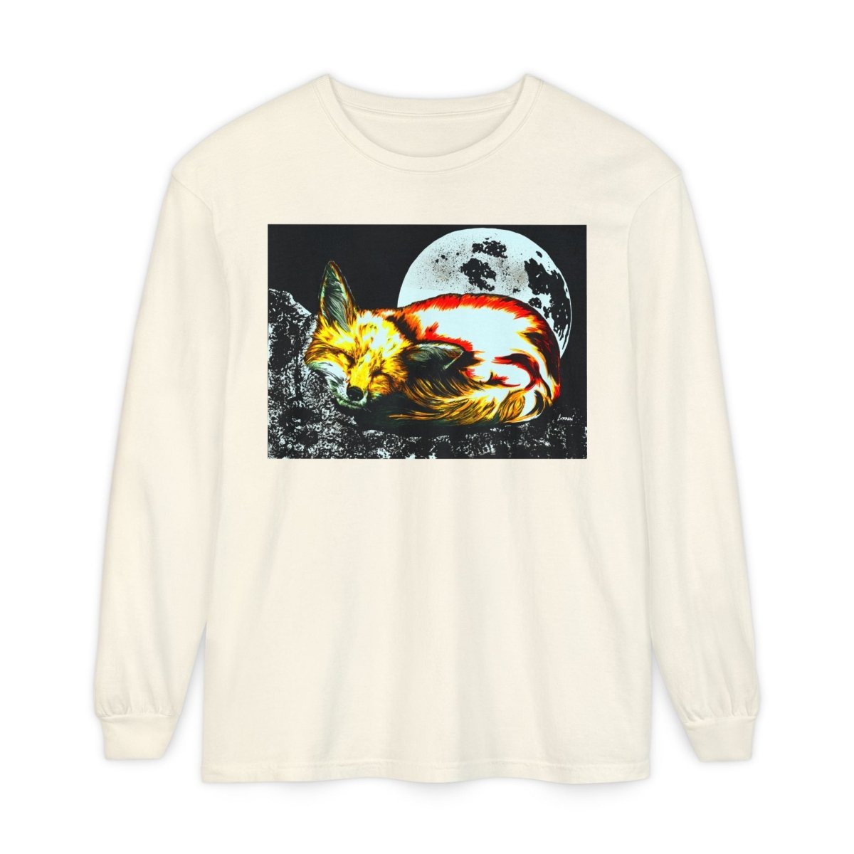 Moonlit Fox Long Sleeve T-Shirt | Unisex Garment - Dyed Tee for Nature Lovers - Curran Artworks