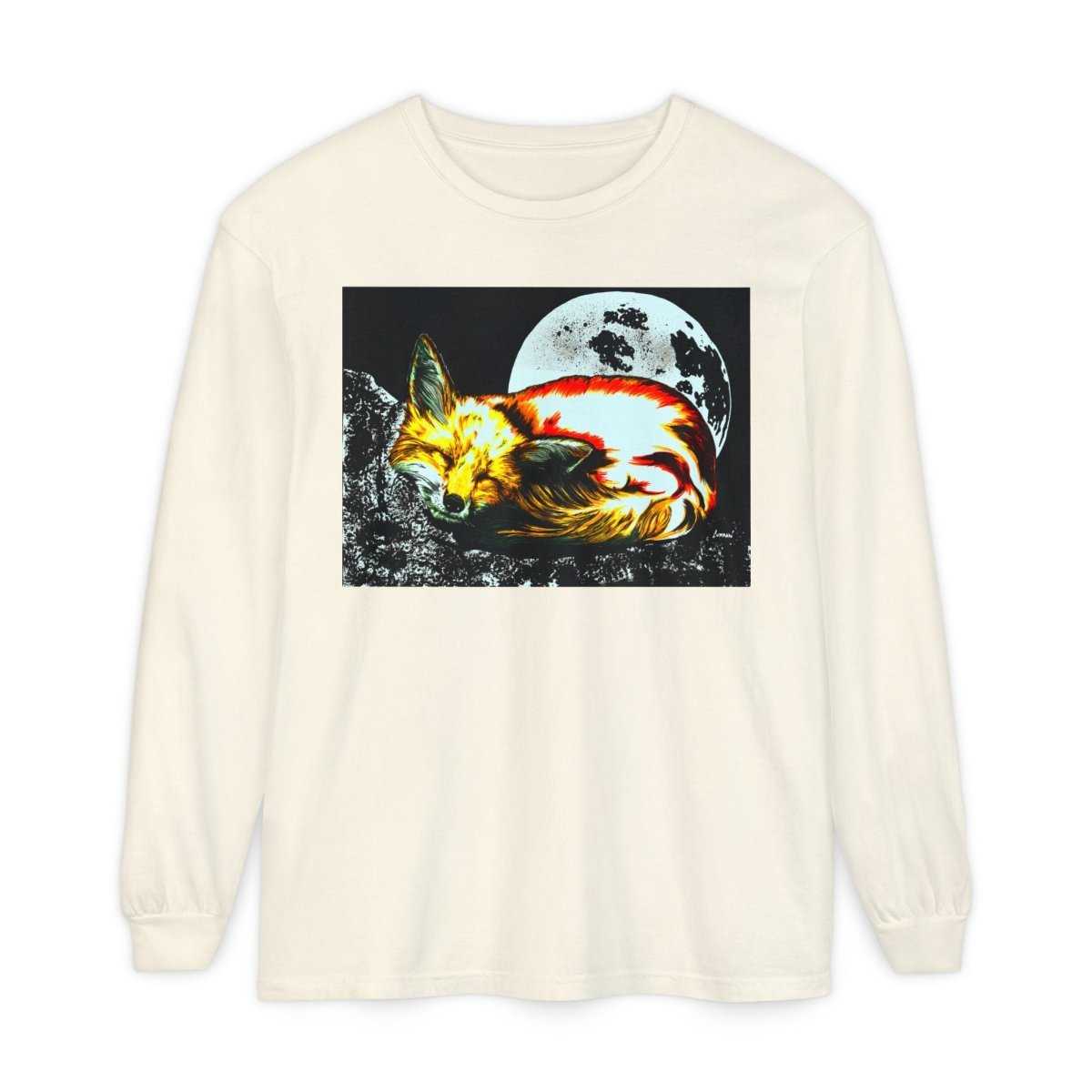 Moonlit Fox Long Sleeve T-Shirt | Unisex Garment - Dyed Tee for Nature Lovers - Curran Artworks