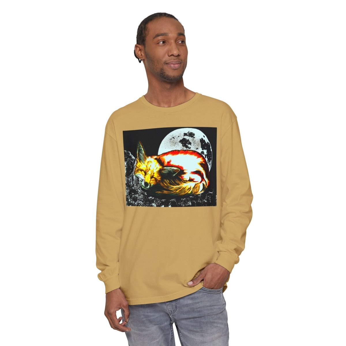 Moonlit Fox Long Sleeve T-Shirt | Unisex Garment - Dyed Tee for Nature Lovers - Curran Artworks